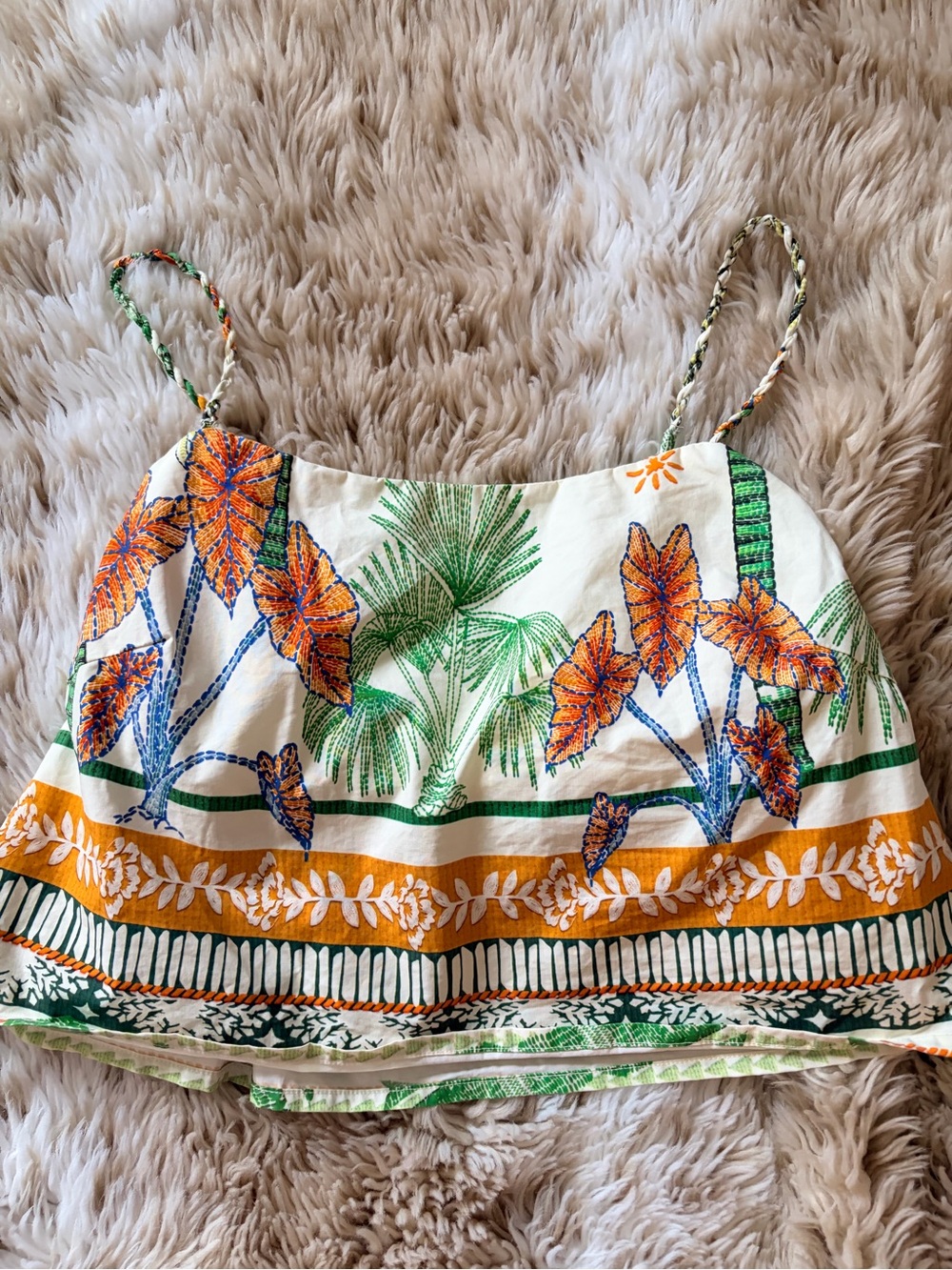 Tropical Palm Print Spaghetti Strap Crop Top in White, Orange & Green